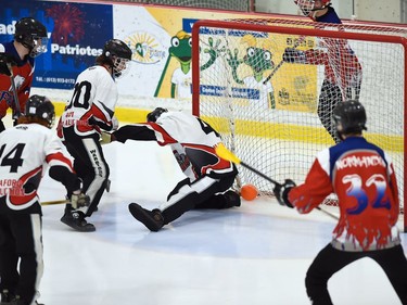 Warriors goaltender Payton Baker, with his eyes on the ball behind the goal-line in Broomball Canada National Juvenile Championship play against the Frost on Thursday April 14, 2022 in Cornwall, Ont. The Warriors won 3-2. Robert Lefebvre/Special to the Cornwall Standard-Freeholder/Postmedia Network