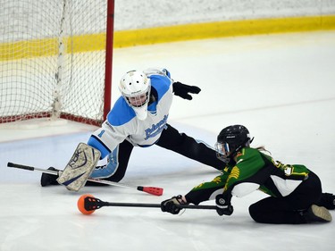 An Aberdeen Attackers player tries to deke Palmerston Terminator goaltender Chantel Embro in Broomball Canada National Juvenile Championship play on Thursday April 14, 2022 in Cornwall, Ont. The Terminator won 1-0. Robert Lefebvre/Special to the Cornwall Standard-Freeholder/Postmedia Network