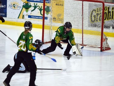 Aberdeen Attackers goaltender Kennedy White as the shot from Palmerston Terminator Dakotah Sarty hits the twine in Broomball Canada National Juvenile Championship play on Thursday April 14, 2022 in Cornwall, Ont. The Terminator won 1-0. Robert Lefebvre/Special to the Cornwall Standard-Freeholder/Postmedia Network