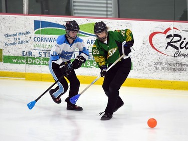 Aberdeen Attackers Allyson Tetzlaff, right, with Palmerston Terminator Makaleyn Moore in Broomball Canada National Juvenile Championship play on Thursday April 14, 2022 in Cornwall, Ont. The Terminator won 1-0. Robert Lefebvre/Special to the Cornwall Standard-Freeholder/Postmedia Network