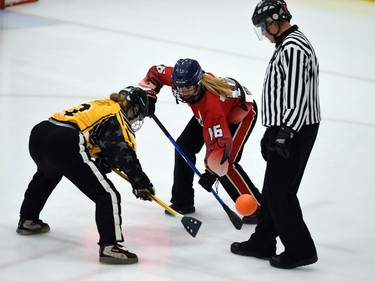 Seaway Devils Michaela Kunz, right, at the face off with Team Manitoba in Broomball Canada National Juvenile Championship play on Thursday April 14, 2022 in Cornwall, Ont. The Devils won 6-0. Robert Lefebvre/Special to the Cornwall Standard-Freeholder/Postmedia Network