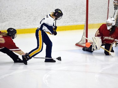 T-Miss goaltender Laurie Sirois blocks an Eastern Thunder shot in Broomball Canada National Juvenile Championship play on Thursday April 14, 2022 in Cornwall, Ont. The T-Miss won 3-2. Robert Lefebvre/Special to the Cornwall Standard-Freeholder/Postmedia Network