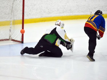 Panthers Joey Leblanc takes a shot against Bruno Axemen goaltender Trae Basset in Broomball Canada National Juvenile Championship play on Thursday April 14, 2022 in Cornwall, Ont. The Panthers won 2-0. Robert Lefebvre/Special to the Cornwall Standard-Freeholder/Postmedia Network