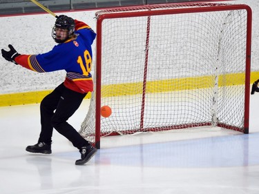 Panthers Bryce Bols celebrates a goal against the Bruno Axemen in Broomball Canada National Juvenile Championship play on Thursday April 14, 2022 in Cornwall, Ont. The Panthers won 2-0. Robert Lefebvre/Special to the Cornwall Standard-Freeholder/Postmedia Network