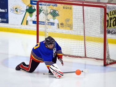 Panthers goaltender Fabien Leblanc makes a stick save against the Bruno Axemen in Broomball Canada National Juvenile Championship play on Thursday April 14, 2022 in Cornwall, Ont. The Panthers won 2-0. Robert Lefebvre/Special to the Cornwall Standard-Freeholder/Postmedia Network