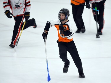 A Debden Speedballs assistant captain gets a jump on the Mildmay Jr. Moose in Broomball Canada National Juvenile Championship play on Thursday April 14, 2022 in Cornwall, Ont. The Jr. Moose won 1-0. Robert Lefebvre/Special to the Cornwall Standard-Freeholder/Postmedia Network