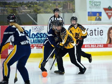 A Team Manitoba player with possession against the Eastern Thunder during opening juvenile women's action at the 2022 Broomball Canada juvenile championships on Wednesday April 13, 2022 in Cornwall, Ont. The Thunder won 3-0. Robert Lefebvre/Special to the Cornwall Standard-Freeholder/Postmedia Network