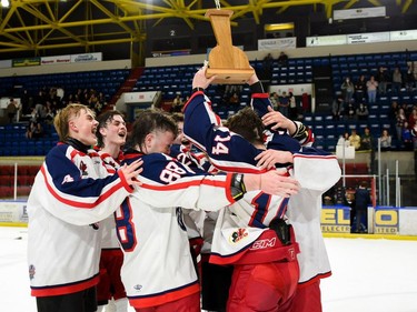 Charity Cup East End players celebrate their win on Wednesday April 6, 2022 in Cornwall, Ont. The 'East' end won 6-4. Robert Lefebvre/Special to the Cornwall Standard-Freeholder/Postmedia Network