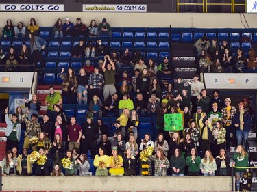 A dominantly green-and-gold fan section at the Charity Cup, on Wednesday April 6, 2022 in Cornwall, Ont. The 'East' end won 6-4. Robert Lefebvre/Special to the Cornwall Standard-Freeholder/Postmedia Network