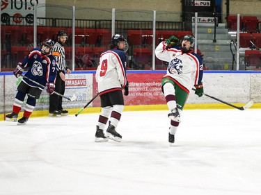 Charity Cup East End player celebrates his goal during play on Wednesday April 6, 2022 in Cornwall, Ont. The 'East' end won 6-4. Robert Lefebvre/Special to the Cornwall Standard-Freeholder/Postmedia Network