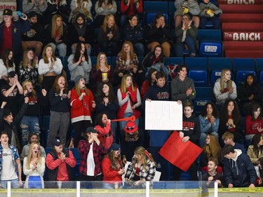 A mostly black-and-red fan section at the Charity Cup on Wednesday April 6, 2022 in Cornwall, Ont. The 'East' end won 6-4. Robert Lefebvre/Special to the Cornwall Standard-Freeholder/Postmedia Network