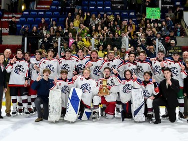 Charity Cup East End players celebrate their win on Wednesday April 6, 2022 in Cornwall, Ont. The 'East' end won 6-4. Robert Lefebvre/Special to the Cornwall Standard-Freeholder/Postmedia Network