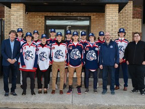 Cornwall Colts owner/GM/head coach Ian MacInnis, left, along with director of hockey operations Ian Henderson (second from right), and assistant coach Josh Coyle, right, welcomed the 12 players signed to the Colts in the CCHL's Bantam protected draft on Wednesday April 20, 2022 in Cornwall, Ont. Robert Lefebvre/Special to the Cornwall Standard-Freeholder/Postmedia Network
