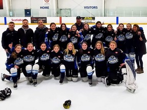 The Chatham-Kent U13 B Crush won silver medals at the 2022 Ontario Women’s Hockey Association provincial championships. They’re also the Southern champions in the Ontario Women’s Hockey League. Crush team members are, front row, left: Avery Nurse, Loralei Tufford, Logan Wrightman, Georgia Pollard, Hayden Heinhuis, Gracie VanderGriendt, Daniella Vandersluis and Rylie Romses. Middle row:  head coach Jay Heinhuis, coach Brent Nurse, coach Bryan Pollard, Giselle McKaig, Lia Hillman, Georgia Bates, Adelaide Cranston, Madison Pearce, Brooklyn Ritchie, Jolee Cunningham, Avery Swayze and trainer Casie Nurse. Back row: coach Chris Cunningham. (Contributed Photo)