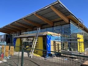The front side of The Station, the upcoming municipal building on Railway Street, as seen on April 22. Patrick Gibson/Cochrane Times