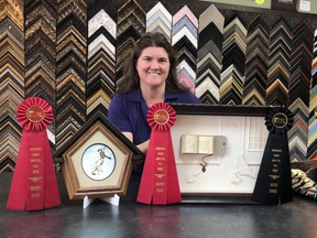 Christine Hasenhündl displays two winning pieces from international framing competitions held- by the Professional Picture Framers Association. (Franz Hasenhündl)