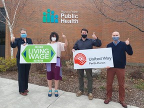 Pictured (from L to R): Dr. Miriam Klassen (Medical Officer of Health and CEO), Kathy Vassilakos (Board of Health Chair), Ryan Erb (United Way Perth-Huron Executive Director) and Dave Jewitt (Board of Health Vice-chair).