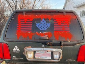 On April 11 Melissa Walker walked outside and noticed her flag and flagpole were missing and that someone had spraypainted her vehicle. Melissa Walker photo