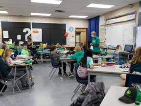 Julaine Hamers speaks with a grade three class at Spitzee elementary school in High River for Green Shirt Day on Thursday, April 7, 2022.