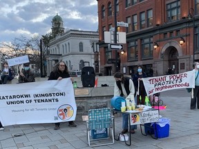 Members of the Katarokwi Union of Tenants gathered in Springer Market Square on Tuesday, April 5, to call on all levels of government to guarantee affordable housing for all. Brigid Goulem/The Kingston Whig-Standard/Postmedia Network