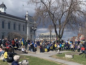Kingston residents gathered at Confederation Park on Saturday, April 9, to show support for those affected by the Russian invasion of Ukraine.