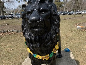Flowers adorn the neck of the Gaskin Lion in Macdonald Park in Kingston. Rocks, painted with messages of support for Ukraine, were also placed around the base of the monument.