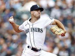Matt Brash of the Seattle Mariners pitches against the Kansas City Royals in an MLB game April 23, 2022, in Seattle.