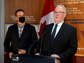 Federal Emergency Preparedness Minister Bill Blair speaks at the Wright Crescent location of the YMCA of Eastern Ontario in Kingston on Tuesday. Looking on is Kingston and the Islands MP Mark Gerretsen.
