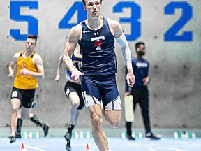 Emmett Bravakis of Kingston, a track athlete for the Toronto Blues, competes in a recent U Sports track and field competition. University of Toronto/Supplied Photo