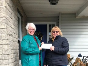 Marian McLeod, left, received a cheque in the amount of $300 from Leanne Crawford, President of the Gananoque Lions. The funds will be used to assist in purchasing food and other supplies for their pilot session of the Gananoque and Area Food Access Network Community Kitchen that is taking place in March, April and May.  
Supplied by Gananoque Lions Club