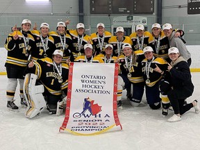 The Kingston Senior A Ice Wolves celebrates their Ontario Women's Hockey Association Provincials championship on Sunday, April 10.