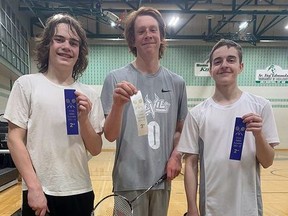 Three KLDCS students had strong performances at the recently held NEOAA badminton tournament. 
Liam McBean (left) and Aiden Charbonneau (right) came second in doubles, while Theo Kurz took third place in singles.