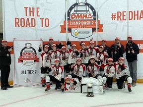 The Lambton Shores U11 Rep Predators are all-Ontario champs after winning their age group at the Ontario Minor Hockey Association championship weekend in Barrie. Pictured in the front is Mason George, while second row from left are Gavin Richardson, Emmalee George, Wesley Johnson, Kyle Van Riel and Brennan Zavitz; third row Tim Redmond, Austin Scott, Dean Core, Jett Miller, Nolan Ferguson, Owen Tremaine and AJ Huras; and back row head coach Aaron Scott, assistant coach Kevin Miller, assistant coach Brian Van Riel, trainer Brian Richardson and assistant coach Matt Redmond.