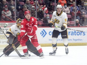 Soo Greyhounds forward Cole MacKay shown here in action against the Sarnia Sting. MacKay scored three goals and added an assist as the Greyhounds picked up an 8-4 road win over the Sudbury Wolves on Friday night.