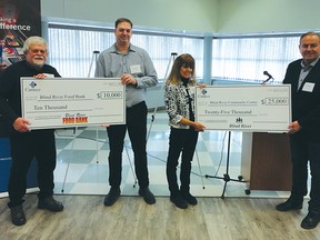 Photo supplied
Steven Wells – Blind River Food Bank chair, accepts a $10,000 donation from Terry Davis – Cameco’s Blind River operations general manger, while Mayor Sally Hagman receives a $25,000 donation from Tim Gitzel – president and CEO Cameco Corporation.