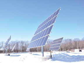 Photo by KEVIN McSHEFFREY
These solar panel trackers at the North Shore Power Group site, just east of Blind River produce electricity for much of the area. Each tracker has between 36 and 40 solar panels. There are dozens of these trackers converting sunshine into electricity at the site.