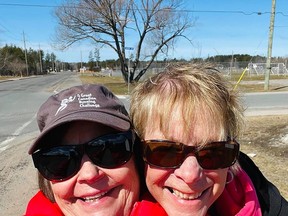 Area residents, Brenda Houle and Kathy Carre, while on an eight-kilometre walk in Espanola by the ballfields on the Queensway Blvd.