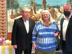 Photo by LESLEY KNIBBS
Museum board president Barb Mawhinney with town Councilor Kevin Burke and local MPP Michael Mantha made the Trillium Grant announcement.