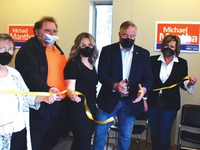 Photo by KEVIN McSHEFFREY/THE STANDARD
Michael Mantha, Algoma-Manitoulin incumbent (second from right), was joined by campaign staff, Lee and Grant Buck, Cindy Haddow and Vicki Arsenault, for the June provincial election.