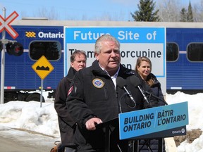 Ontario Premier Doug Ford announced Sunday at the future site of the Timmins-Porcupine passenger train station on Falcon Street that the province is investing $75 million to bring passenger rail service back to Northeastern Ontario. Looking on is Timmins Mayor George Pirie and Ontario Transportation Minister Caroline Mulroney.

RON GRECH/The Daily Press