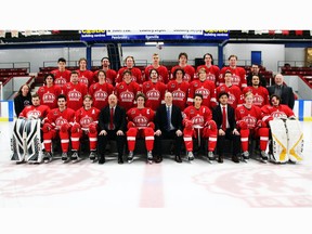Prior to the start of the Central Canada Hockey League post-season, the Pembroke Lumber Kings gathered for a team photo. Team members are (front from left) Nick Heinzle, Alex Urbisci, Joe Jordan, assistant coach Todd Clarke, Bruce Coltart, head coach Alex Armstrong, Jack Stockfish, assistant coach Peter Sigouin, Jesse Kirkby, Reece Proulx, (middle row from left) operations manager Maureen Duhamel, Nathan Duck, Michael Andrews, Gavin Ewles, Brendon Reinisch, Raphael Seguin, Vincent Gazquez, Nick Johnson, Brendan Lynch, Caden Eaton, director of communications and marketing Geoff Patterson and (back from left) Zac Correia, Grayson Ebrahim, Mathieu Paquin, Jacob Zwirecki, Sawyer Prokopetz, Issac Holt, Jace Letourneau, Carter Vollett and trainer Rodney Stewart. Missing are trainer Morgan Finley, physiotherapist Someshan Moodley and Dr. Sylvie Cantin, team doctor.