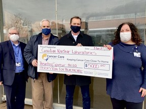 Canadian Nuclear Laboratories recently donated $5,000 to the Pembroke Regional Hospital Foundation's (PRHF) Cancer Care Campaign. Taking part in the donation was, from left, Roger Martin, PRHF executive director, Pat Quinn, CNL director of corporate communications, Joe McBrearty, CNL president and CEO, and Leigh Costello, PRHF community fundraising specialist. Submitted photo