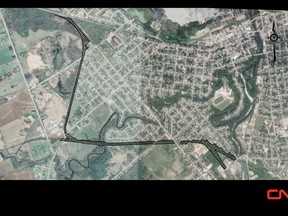 A map provided by the Renfrew County ATV Club showing the section of the CN rail bed sold on March 30, 2022.