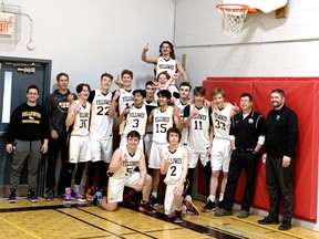 The Fellowes Falcons captured the senior boys' basketball championship with a 58-53 win over ADHS. Team members are (front from left) Isaac Morel, Nathan Bilodeau, (second row middle) Ved Vyas, Bhagya Patel and (back from left) coach Will Mayes, coach Pat Childerhose, Thomas Ciphery, Sam Harris, John Nicol, Nico TerMarsch, Austin Carson, Jacob Morel (on Carson's shoulders), Anderson Harris, Kris Renaud, Logan Walker, coach Bruce Harle and coach Neil Nicholson.
