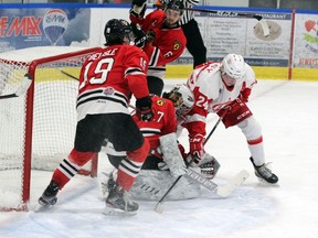 Game 3 of the CCHL quarter-final series between Pembroke and Brockville was postponed Friday due to a power outage in Brockville. The game is now rescheduled for Saturday night. Here Kings' forward Jesse Kirkby battles in front of the Brockville net as goalie Sami Molu makes the save during action between the two teams at the PMC in February.
