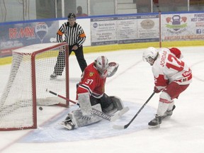 Pembroke Lumber King Joe Jordan scored his second goal of the playoffs when he beat Brockville goaltender Sami Molu on this shot to put the Kings up 1-0 in the first period of game four, Sunday night at the PMC. Anthony Dixon
