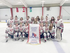 U18 Competitive Ottawa Valley Thunder A were the Ontario Women's Hockey League - Eastern playoff champions in 2022. In the back row from left, Lou Russell, Aalyah Allmand, Ruby Selle, Brooklyn Tomasini, Kiana Patrick, Kaitlyn Gage, Ava Zadow, Emma Misener, Emma McGrath, Felicity MacDonald, and Ella Grad. In the front row from left, Jamie Ring, Keysha Two-Axe, Cadence Dufour, Zoey Bresnahan, Julia Swant, Avery Foy, and Jorja Stephenson. Submitted photo