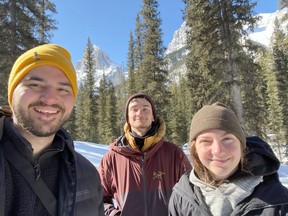 From left, Anthony Balaz, Mathew Sheahan and Annalee Kanwisher recently returned from their final expedition in Algonquin College's Outdoor Adventure program.  The three students faced wintry weather conditions and frigid temperatures as they hiked the Sawback Trail in Banff National Park in Canada's Rocky Mountains.