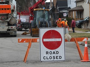 A section of Bright Street, between Mackenzie and Russell streets in Sarnia, was closed Thursday while crews with the city's public works department carried out sewer repairs.
Paul Morden/The Observer