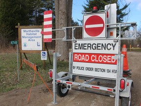 The parking lot of the Marthaville Habitat Management Area near Petrolia was closed Sunday.